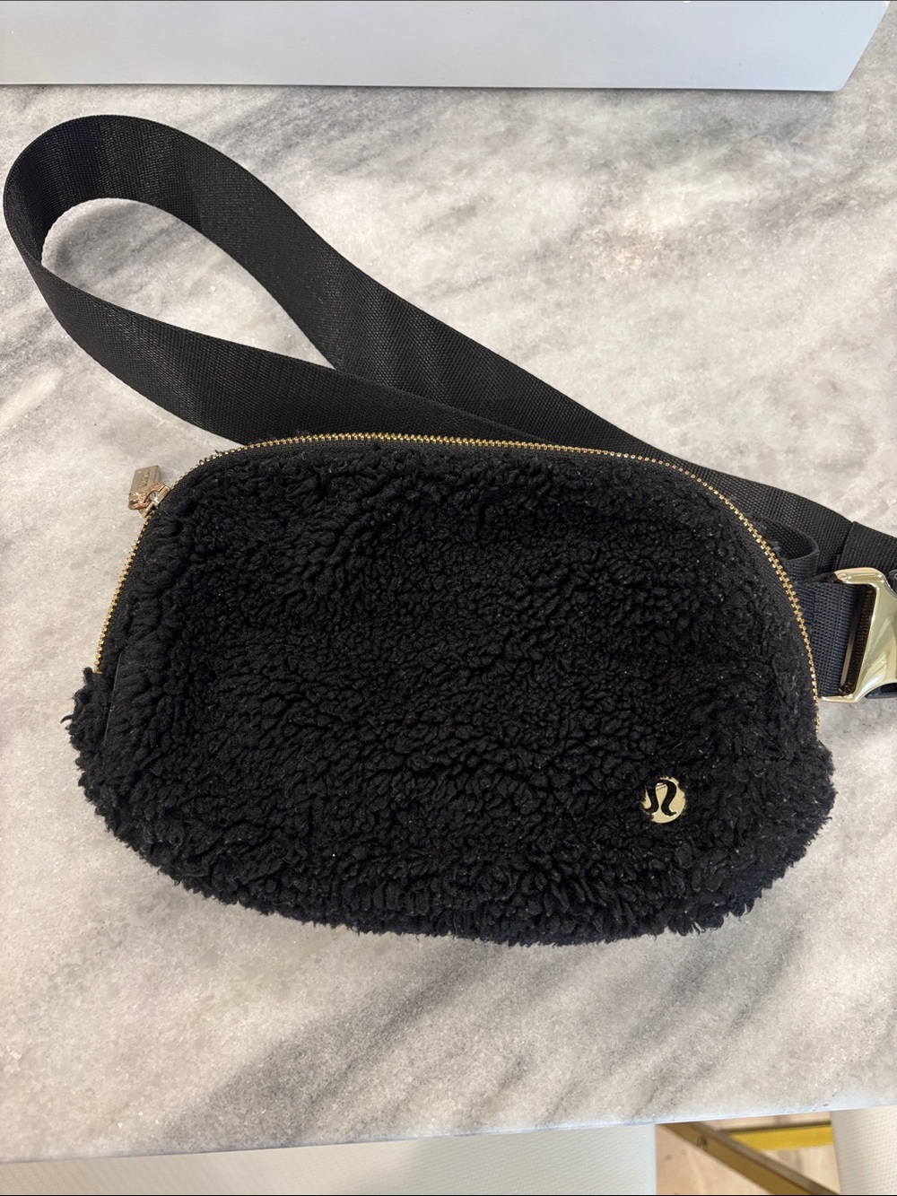 lululemon athletica Black Sherpa Crossbody Belt Bag with Gold Hardware